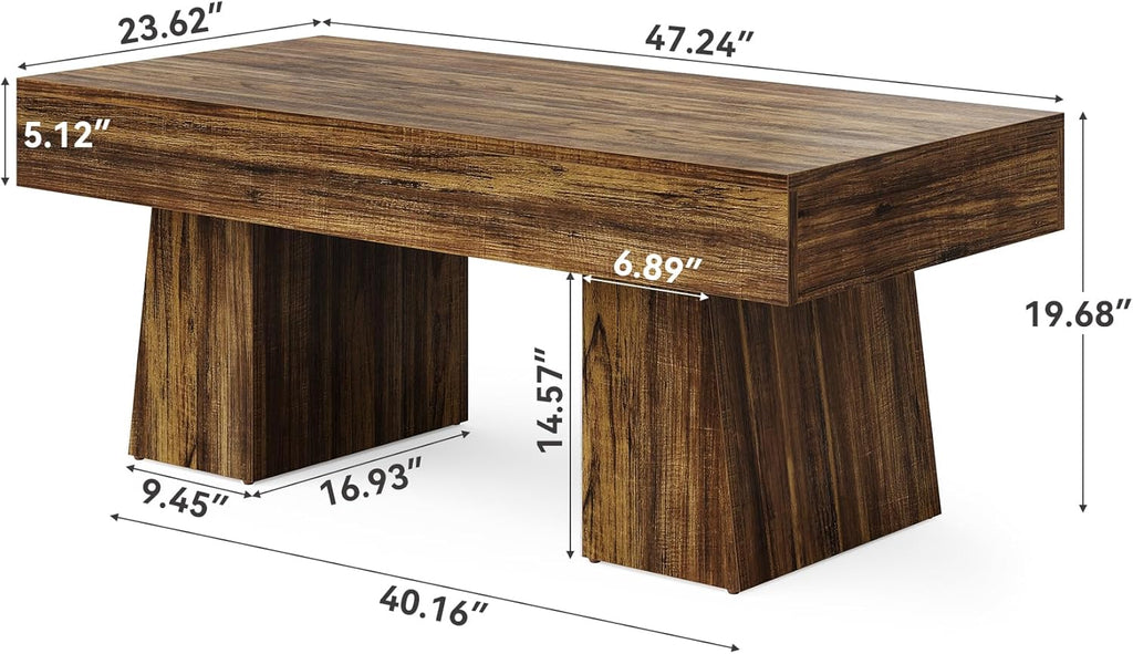 LITTLE TREE Farmhouse Coffee Table, 47 Inches Living Room Table, Rectangular Wooden Accent Center Tables with Thick Base, Modern Low Cocktail Tea Furniture for Living Room (Walnut Brown)