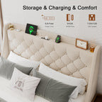 Upholstered Full Size Bed Frame with 4 Storage Drawers, Platform Bed with Wingback Headboard, Charging Station, No Box Spring Needed, Beige