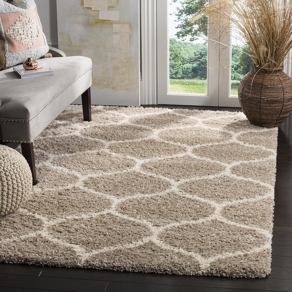 SAFAVIEH Hudson Shag Collection Area Rug - 9' x 12', Beige & Ivory, Moroccan Ogee Trellis Design, Non-Shedding & Easy Care, 2-inch Thick Ideal for High Traffic Areas in Living Room, Bedroom (SGH280S)