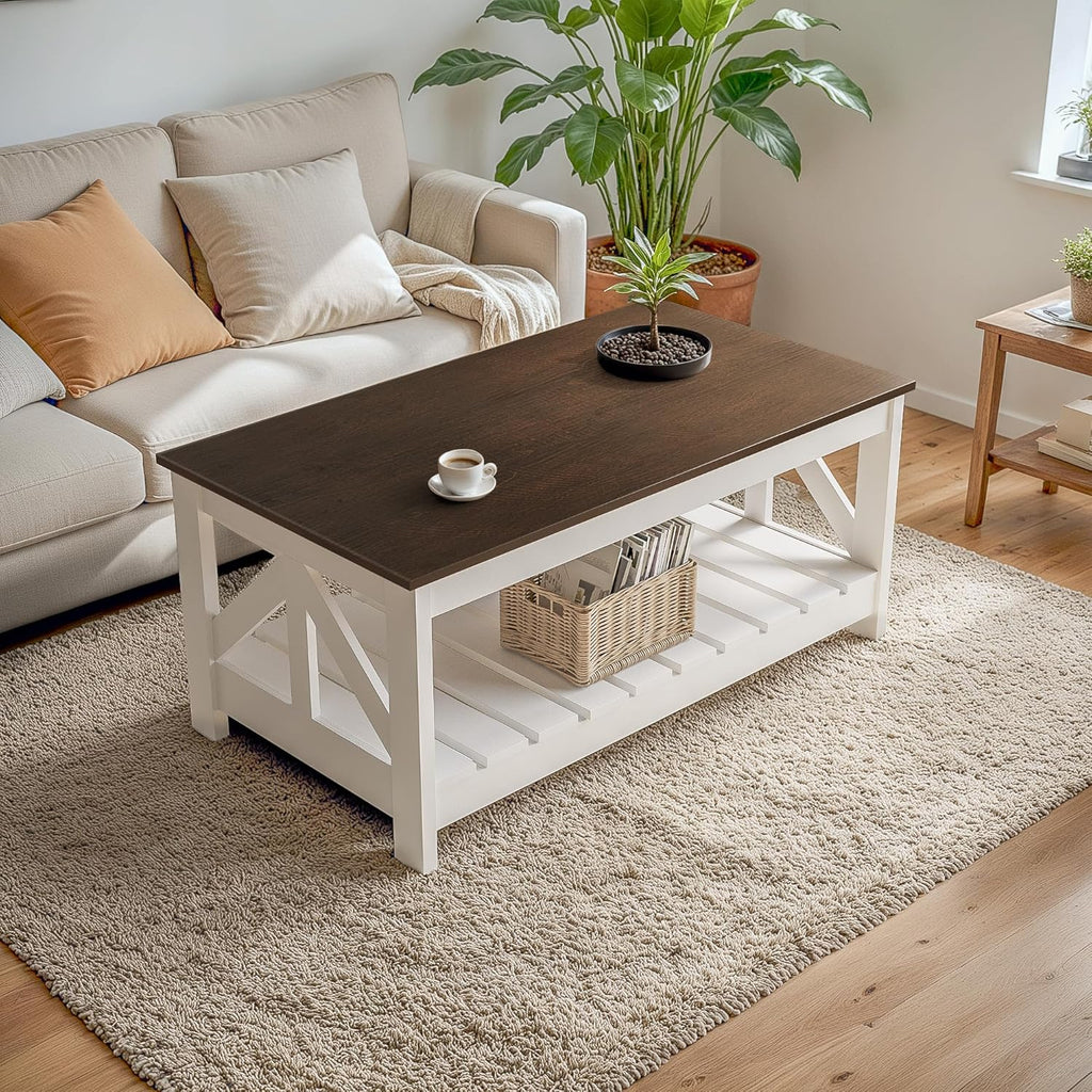 YESHOMY Farmhouse Coffee Table, Coffee Tables for Living Room, Farmhouse Square Coffee Table with Storage, Couch Table, Small Tables for Small Spaces, Brown and White