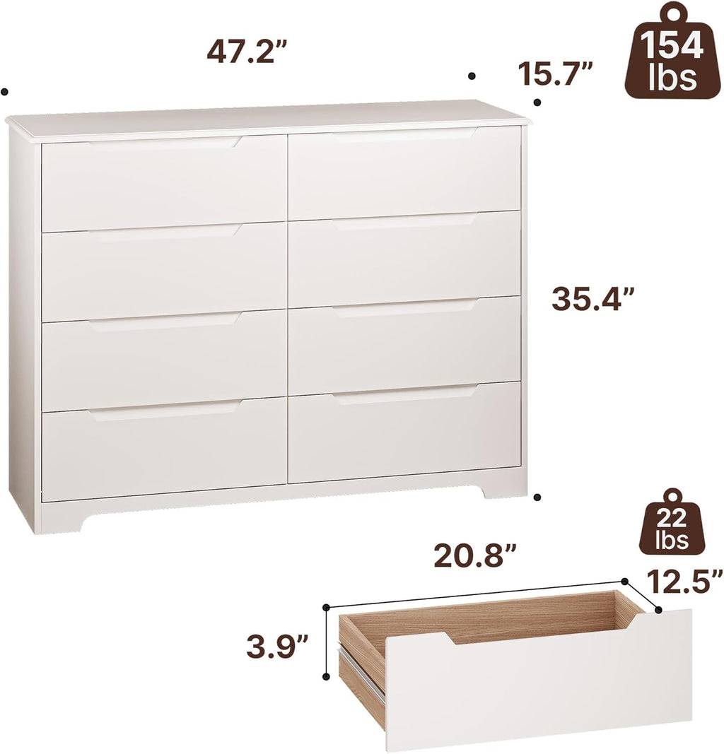 Gizoon 8 Drawer Dresser, 47" Wide White Dresser for Bedroom with Cut-Out Handles, Modern Wooden Chest of Drawers with Anti-Tip Kit, for Living Room, Hallway, Entryway, Home Office