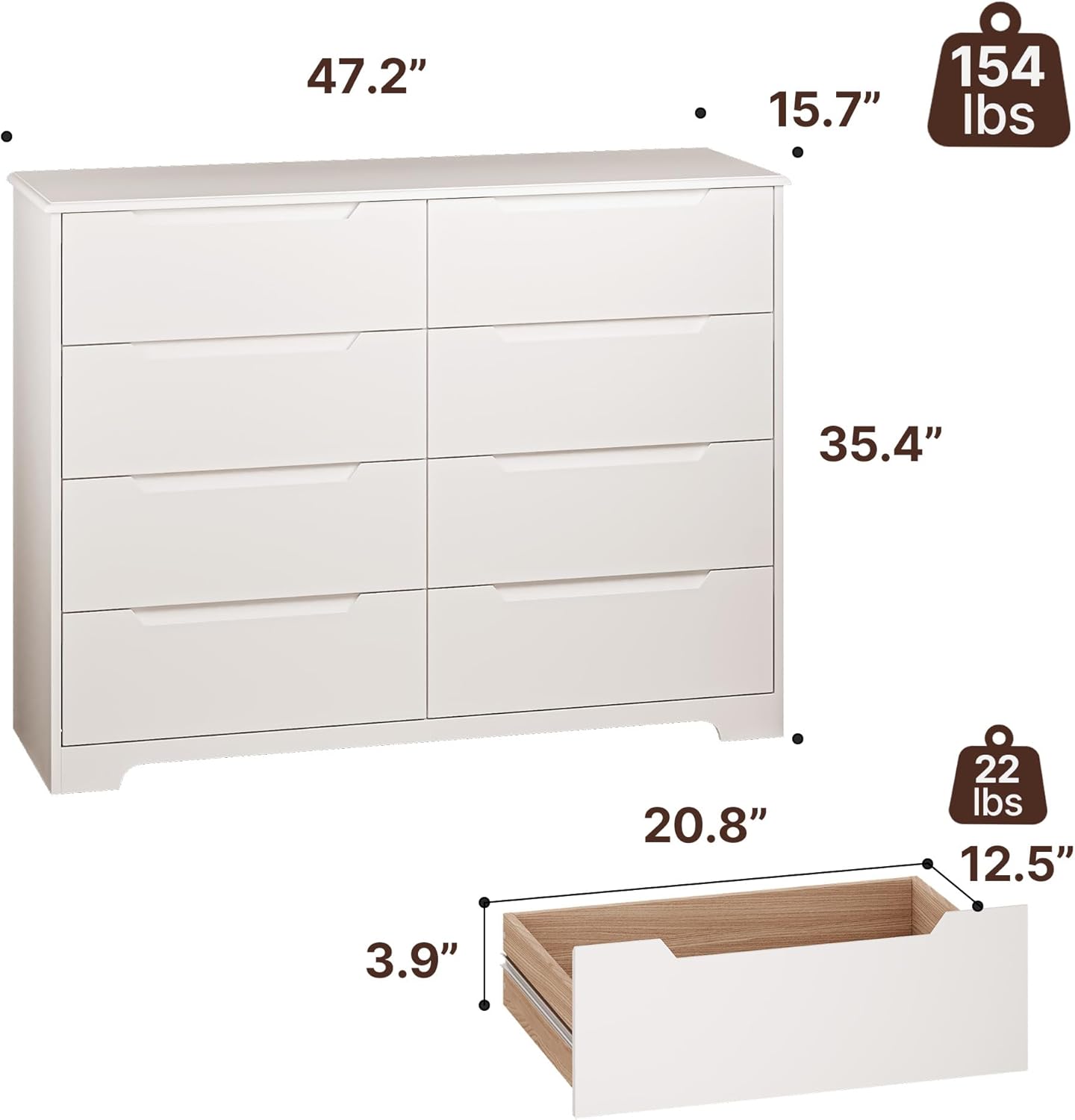 Gizoon 8 Drawer Dresser, 47" Wide White Dresser for Bedroom with Cut-Out Handles, Modern Wooden Chest of Drawers with Anti-Tip Kit, for Living Room, Hallway, Entryway, Home Office