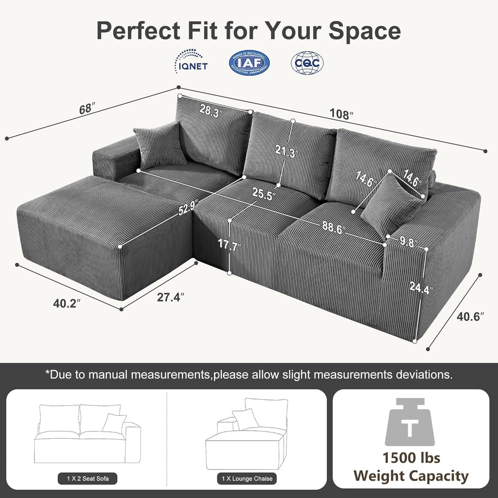 108" Modular Sectional Sofa, Compression Sofa with Deep Seat, Modular L-Shape Couch with Chaise, Upholstered Couches for Living Room Bedroom, No Assembly Required (Grey Corduroy, 108" L Shape)