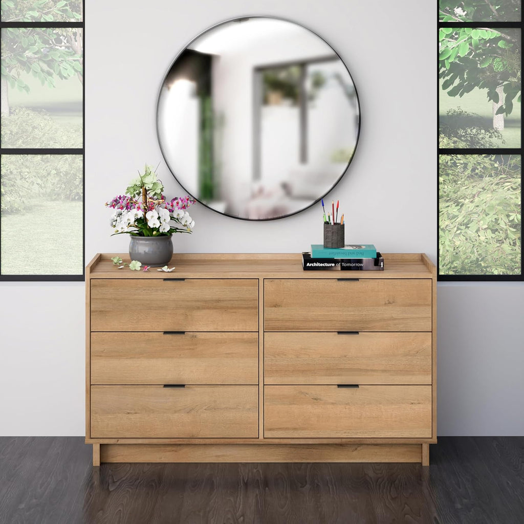 Prepac Simply Modern 6-Drawer Double Dresser for Bedroom, Chest of Drawers, Modern Bedroom Furniture, 52.5” Wide x 16” deep x 29.5” Tall, Oak
