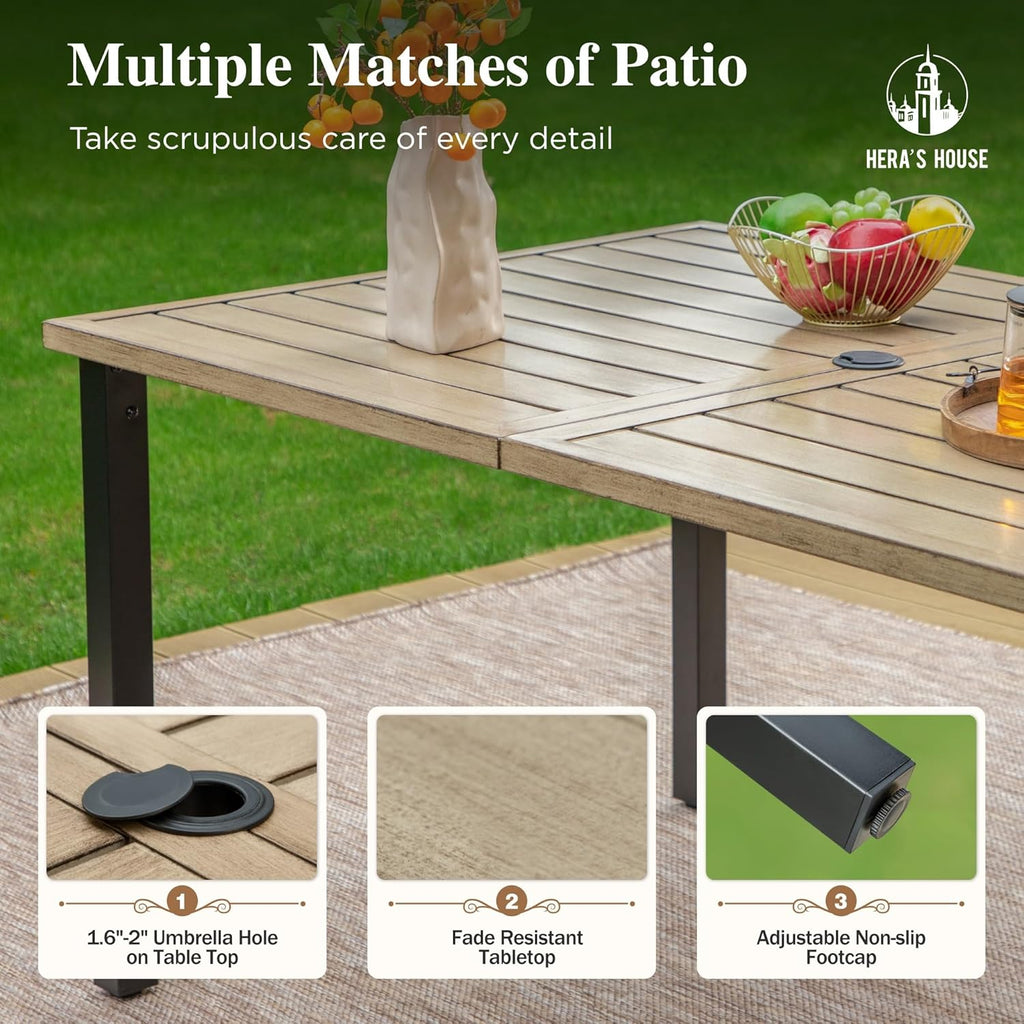 HERA'S HOUSE Outdoor Dining Table for 6, Rectangular Metal Patio Table with Umbrella Hole, 6-Person Weather Resistant Wood-Like Steel Slat Table for Lawn Garden Backyard, L60 xW36 xH29