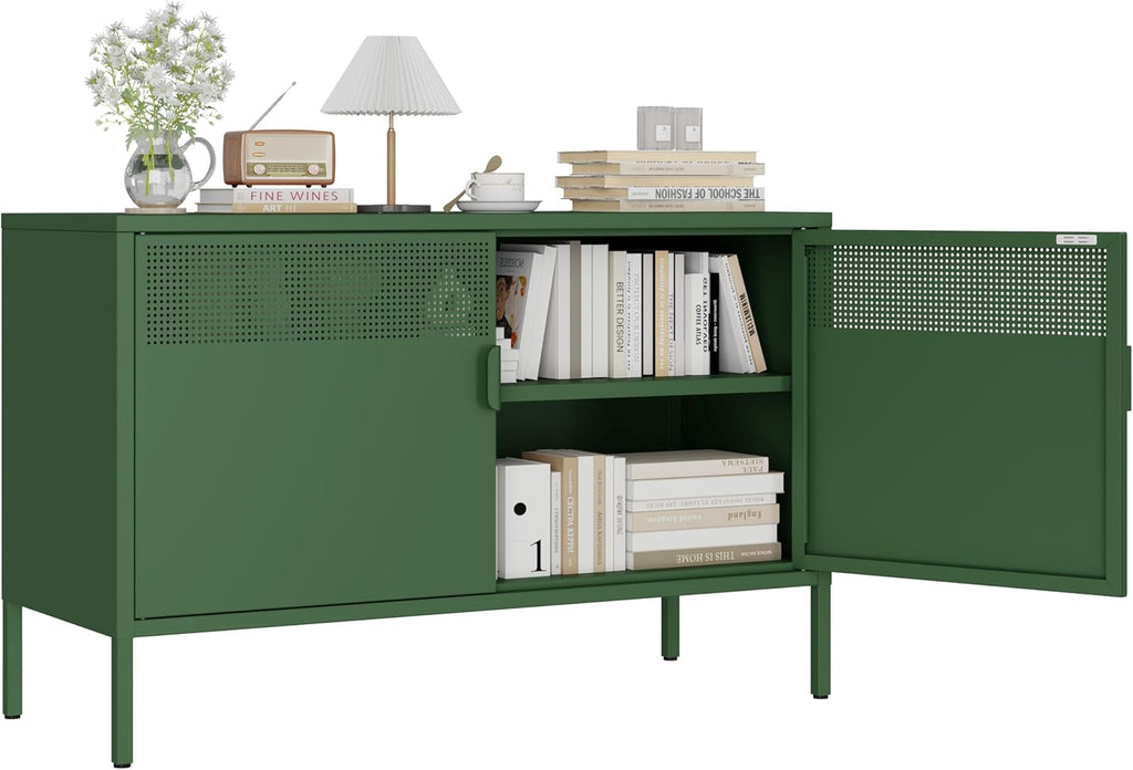Metal Storage Cabinet with 2 Doors & Adjustable Shelves, 25" H Green Accent Cabinet, Metal Locker Storage Cabinets, Tv Stand Cabinet for Home, Office, Living Room, Entryway