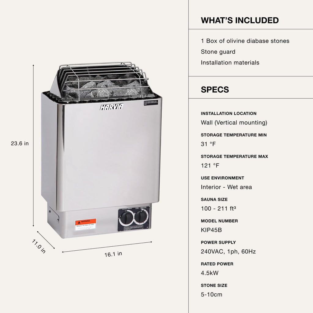 Harvia KIP 200v Sauna Heater, Wall Mounted Electric Sauna Stove, Stainless Steel 220v Heater with Sauna Stones Included, Large Stone Cavity for Maximum Heat Release (4.5kW - Dials)