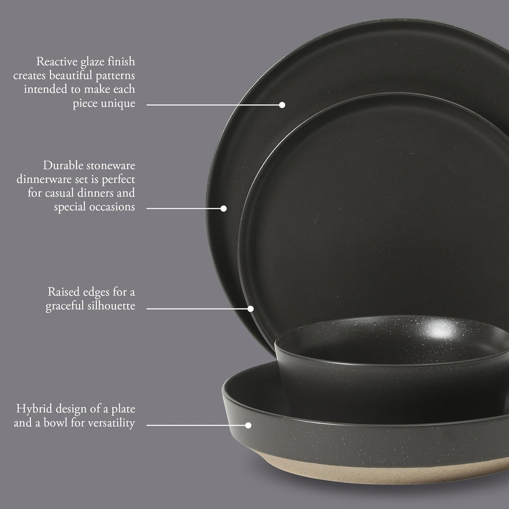 Gibson Elite Overbrook 16-Piece Pottery Clay Stoneware Dinnerware Set – Black Reactive Glaze, Stackable Plates and Bowls W/Pasta Bowl, Service for 4 – Microwave & Dishwasher Safe