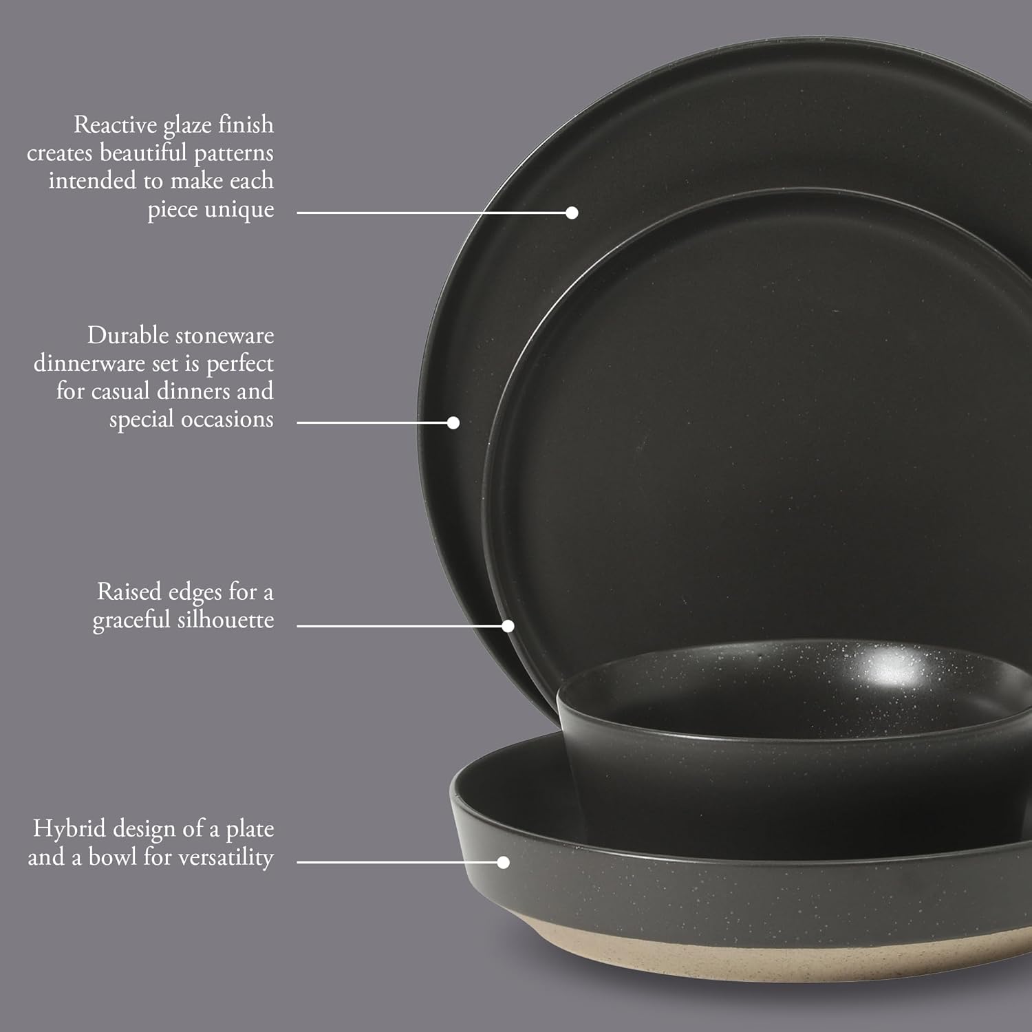 Gibson Elite Overbrook 16-Piece Pottery Clay Stoneware Dinnerware Set – Black Reactive Glaze, Stackable Plates and Bowls W/Pasta Bowl, Service for 4 – Microwave & Dishwasher Safe