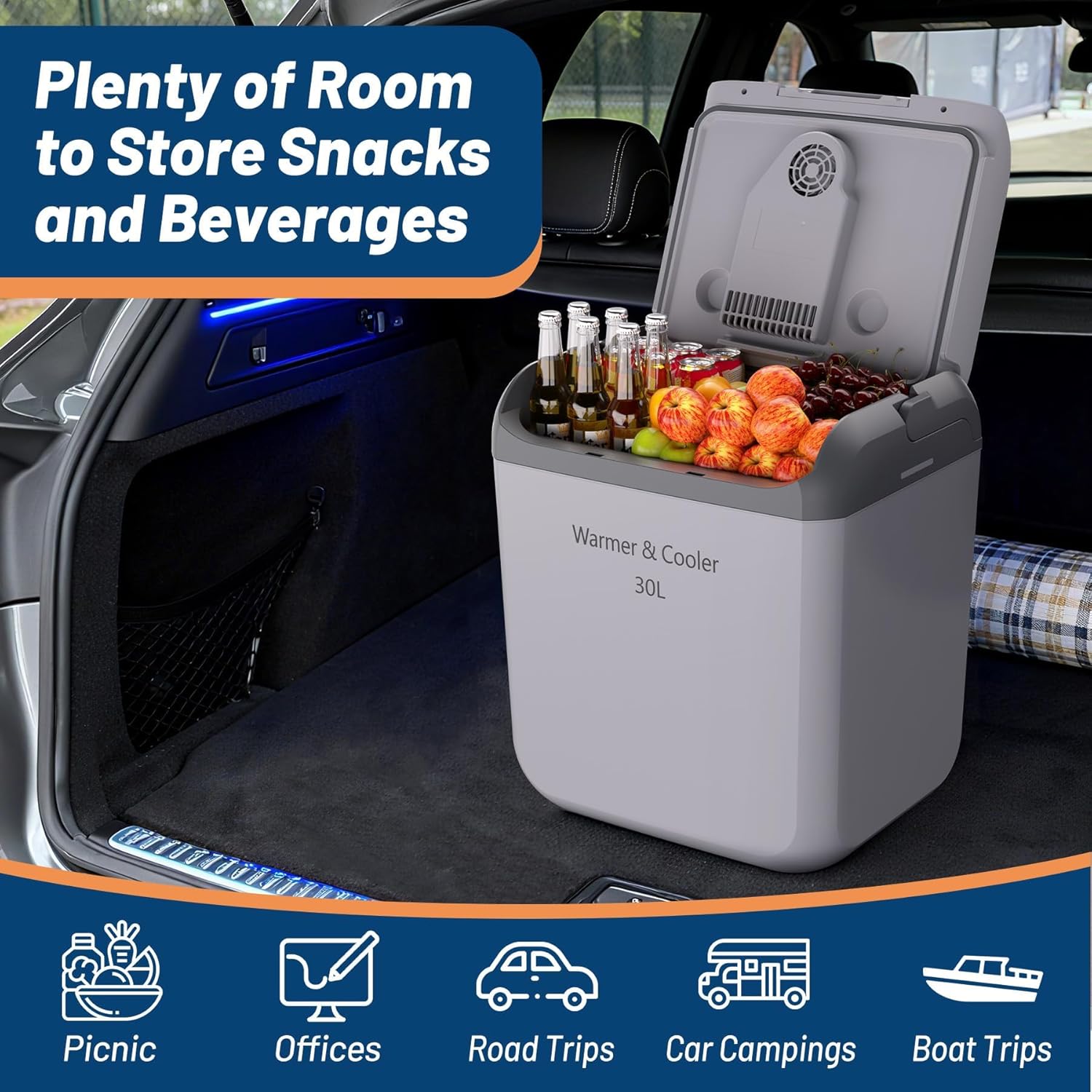 32 QT (30 L) Electric Cooler & Warmer, Portable Thermoelectric 12V/110V Refrigerator with Handle, Plug In Coolers, Car fridge for Vehicle, Truck, Travel, Camping, Light Gray