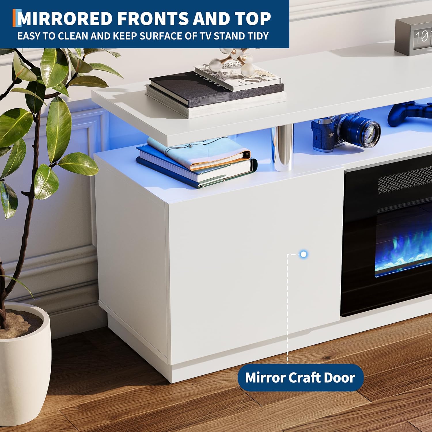 Led Fireplace TV Stand 70 in, Modern Electric Fireplace TV Stand with Cabinets, 2 Tier TVStand with 36 in Fireplaces, Entertainment Center with Fireplaces for TVs Up to 80