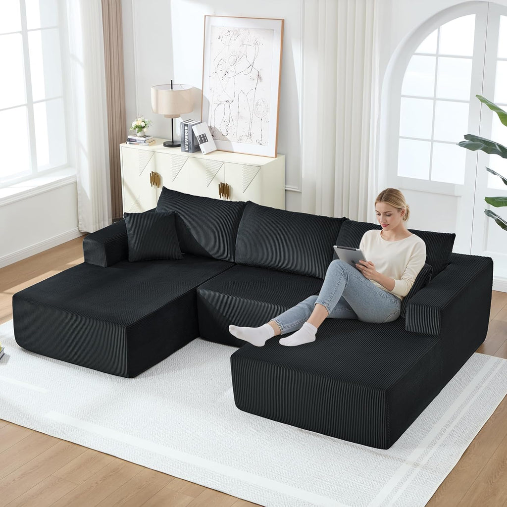Modular Sectional Sofa,114" U-Shaped Boneless Sofa for Living Room,Oversized 3-Seater Deep Seat Cloud Couches,Corduroy Upholstered Corner Sofa Couch,No Assembly Required,Black