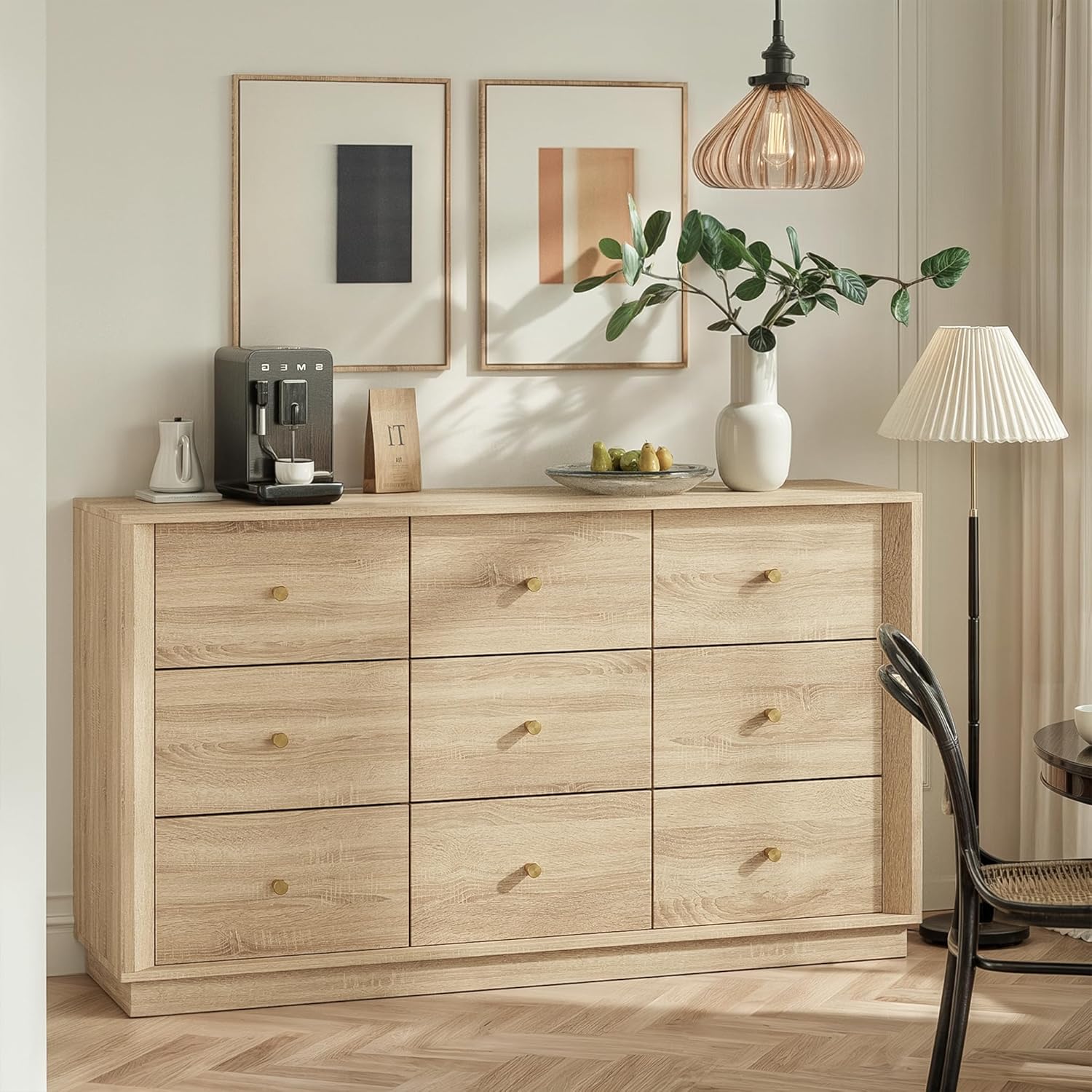 9 Drawer Dresser, Mid Century Modern Dresser with Storage, 55" Wide Chest of Drawers with Wood Grain Texture, Dressers TV Stand for Bedroom, Living Room, Hallway, White Oak
