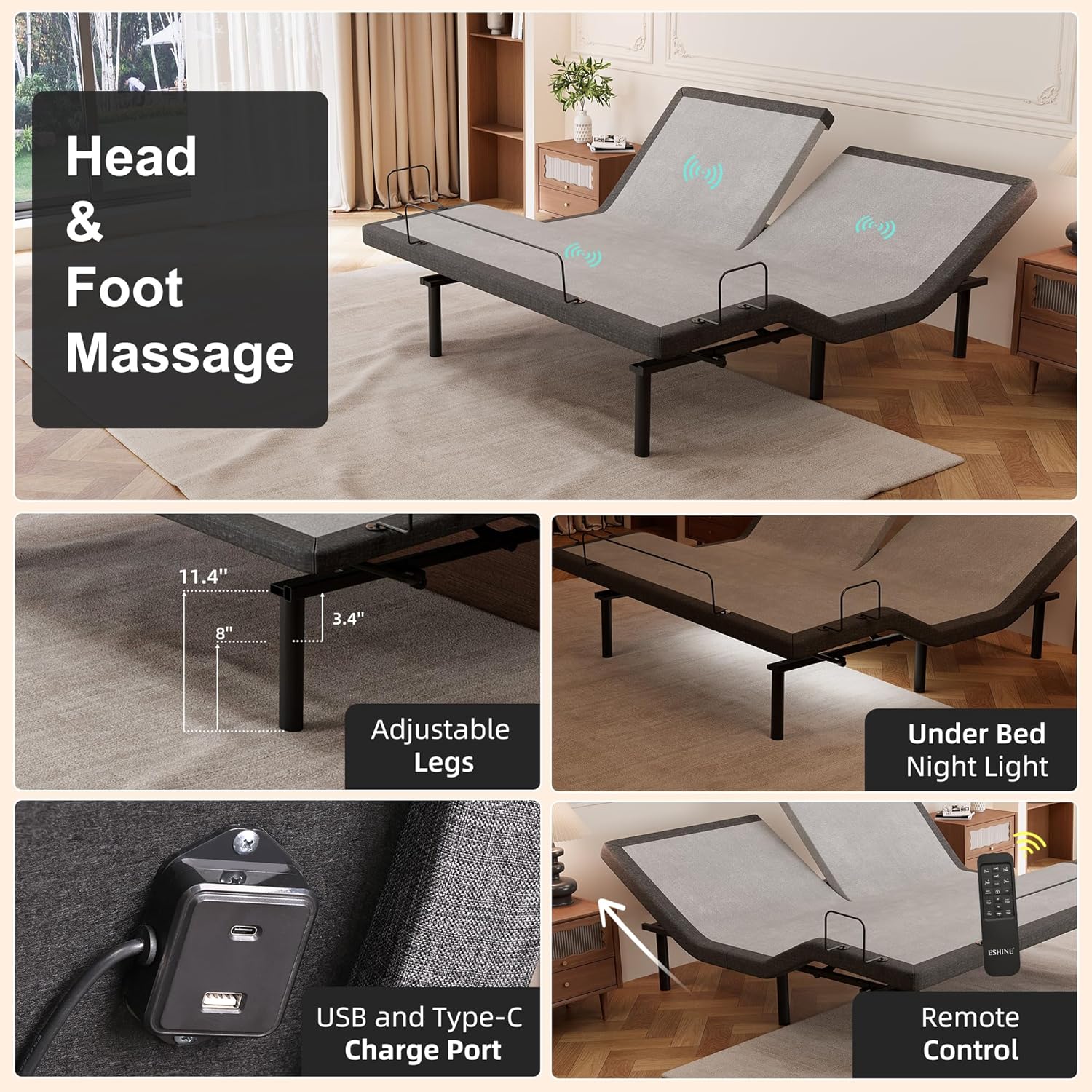 ESHINE Split Top King Adjustable Bed Frame with 14" Gel Memory Foam Mattress, Graphene Cover - Electric Upholstered Base, Massage Function, Wireless Remote, USB Ports, Under Bed Light, Grey