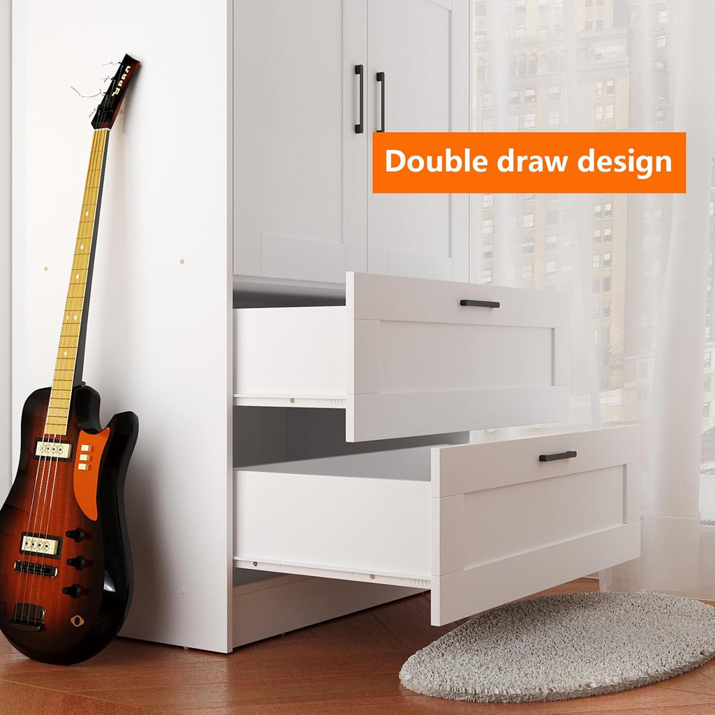 3 Doors Wooden Wardrobe Closet Armoire, White Storage Cabinet for Hanging Clothes, Bedroom Large Capacity Freestanding Armoire,Wood Wardrobe Combination with Shelves (2drawer, White)