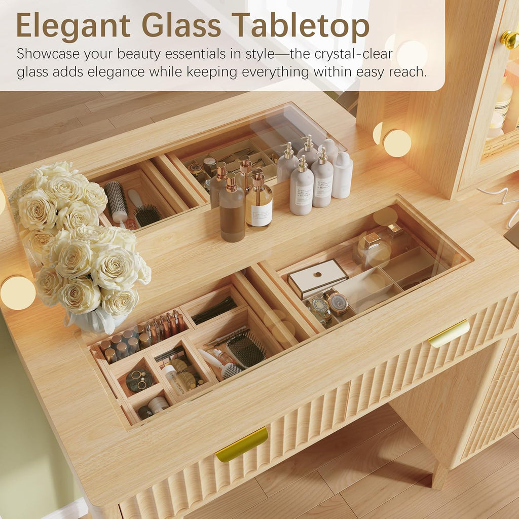 45'' Fluted Makeup Vanity Desk with LED Lights Mirror & Charging Station, Modern Glass Top Vanity Table with 5 Drawers & Glass Cabinet, Dressing Table for Bedroom, Living Room, Oak