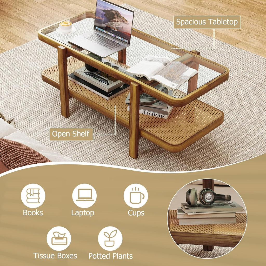 Giantex Rattan Coffee Table, 47.5" Rectangle Solid Wood Tea Table w/Tempered Glass Tabletop, Rattan Storage Shelf, 2-Tier Boho Coffee Tables, Farmhouse Center Table for Living Room (Oak)
