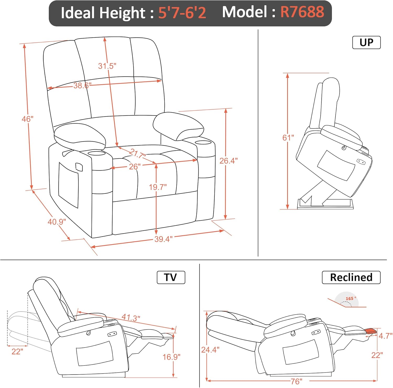 MCombo Oversized Dual Motor Power Lift Recliner Chair Sofa with Massage and Heat for Big Elderly People, Infinite Position, USB Ports, Faux Leather R7688 (Dark Grey, Large-Oversize)