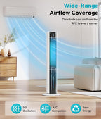 Evaporative Air Cooler - Swamp Cooler with 3L Water Tank, 3 Modes & 3 Speeds, Remote Control, 12H Timer, 50° Oscillating Portable Bladeless Cooling Tower Fan For Room Bedroom Office Mother's Day
