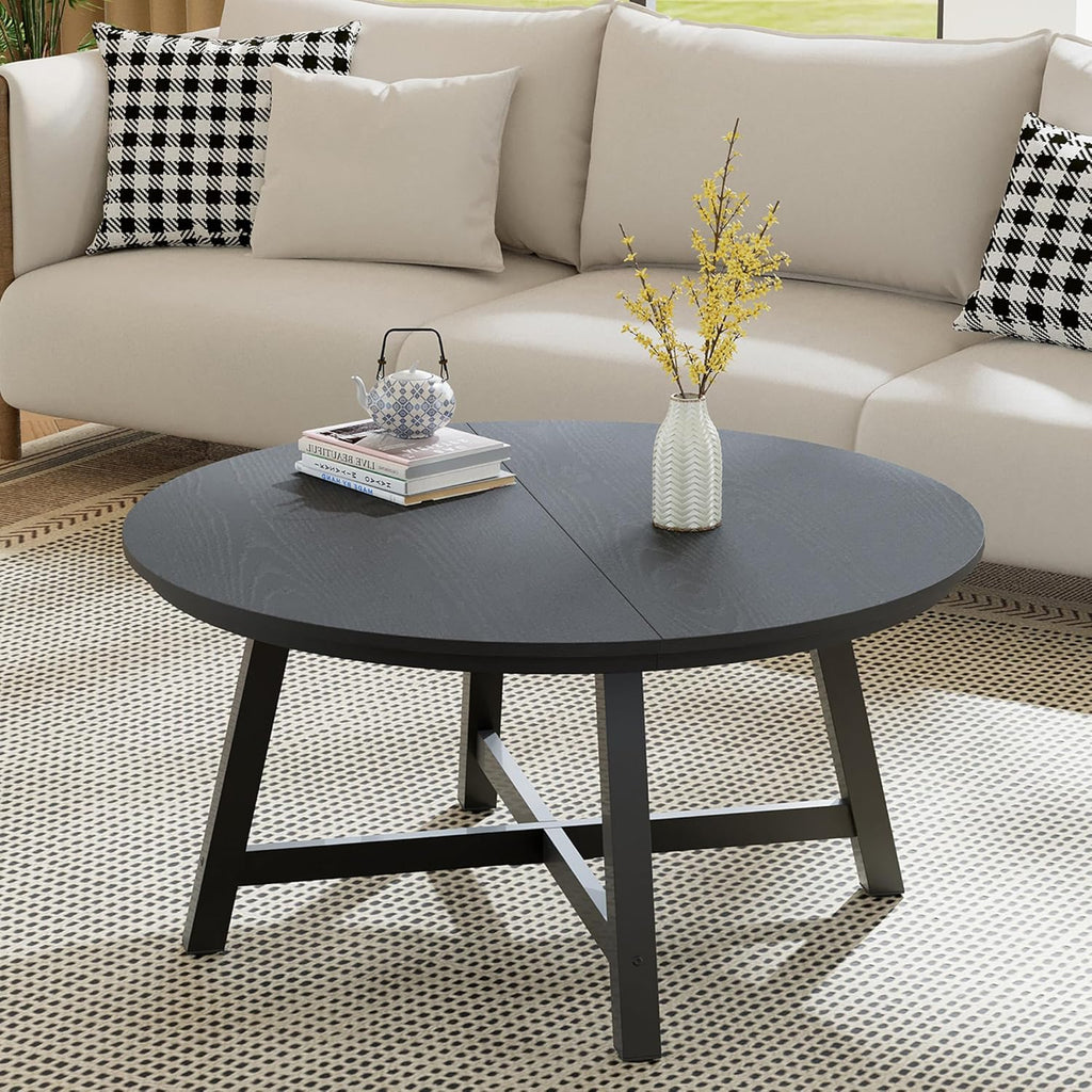 GarveeHome Round Coffee Table 36" Center Table,Large Coffee Table Black Accent Tables with Adjustable Feet, Living Room Tables with Thickened Legs and Designed Wood Grain, Easy Assemble