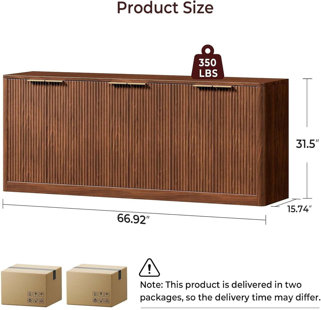 Evermagin 67" Fluted Walnut Buffet Cabinet Sideboard with Storage, Large Credenza with 6 Doors, Wood Mid Century Modern Sideboard for Kitchen and Living Room (67" W*31.5" H*15.7" D)