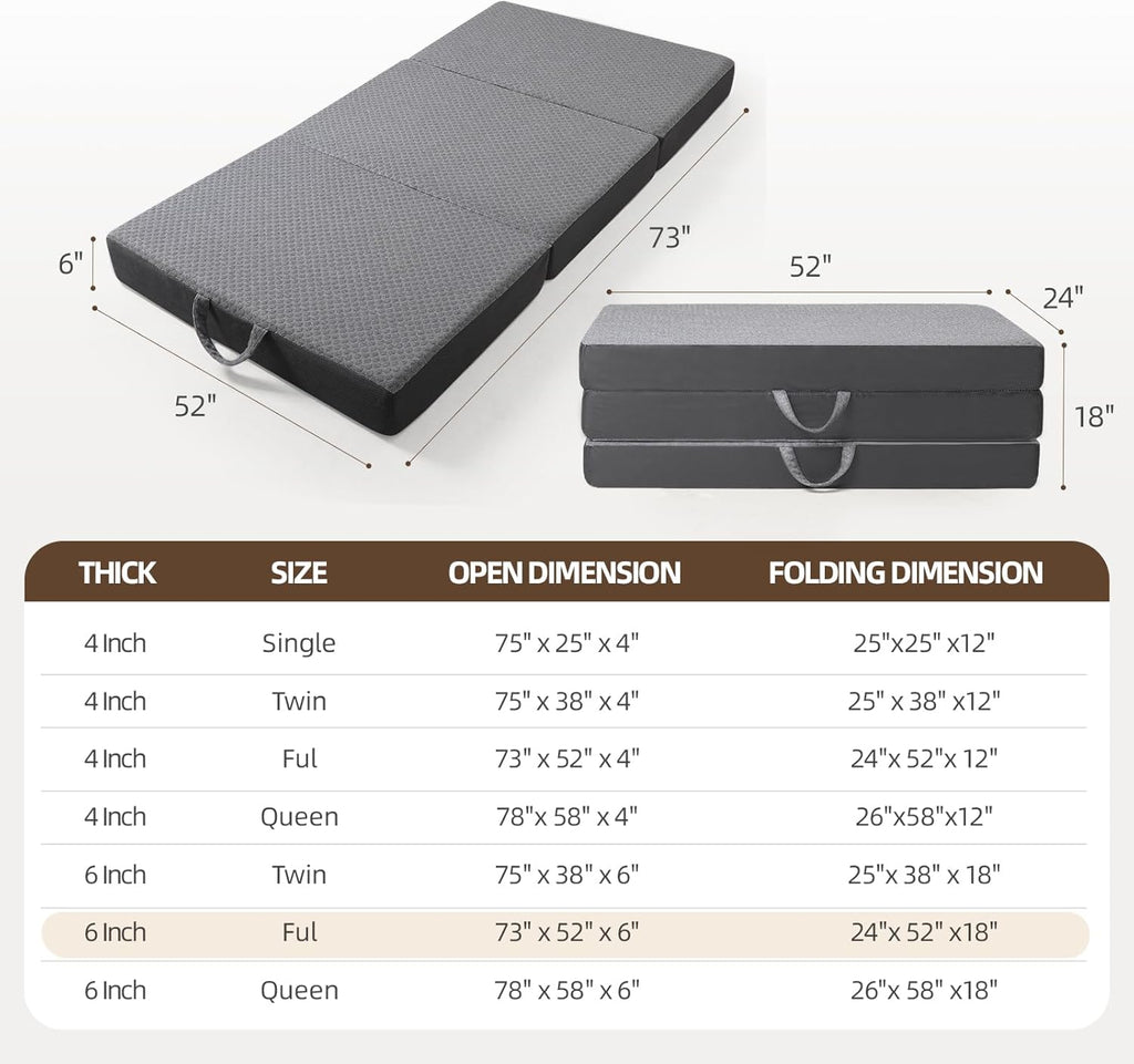 Tri Folding Mattress - Foldable Mattress for Travel/RV/Camping/Road Trip/Guest Room/Yoga, Tri-fold Memory Foam Mattress with Washable Cover, Handle & Non-Slip Bottom