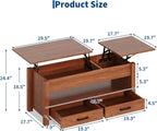GarveeHome Coffee Table Lift Top, Convertible Coffee Table with Wooden Lift Tabletop, 2 Drawers and Hidden Compartment, Central Table with Storage for Living Room Home Office, Brown