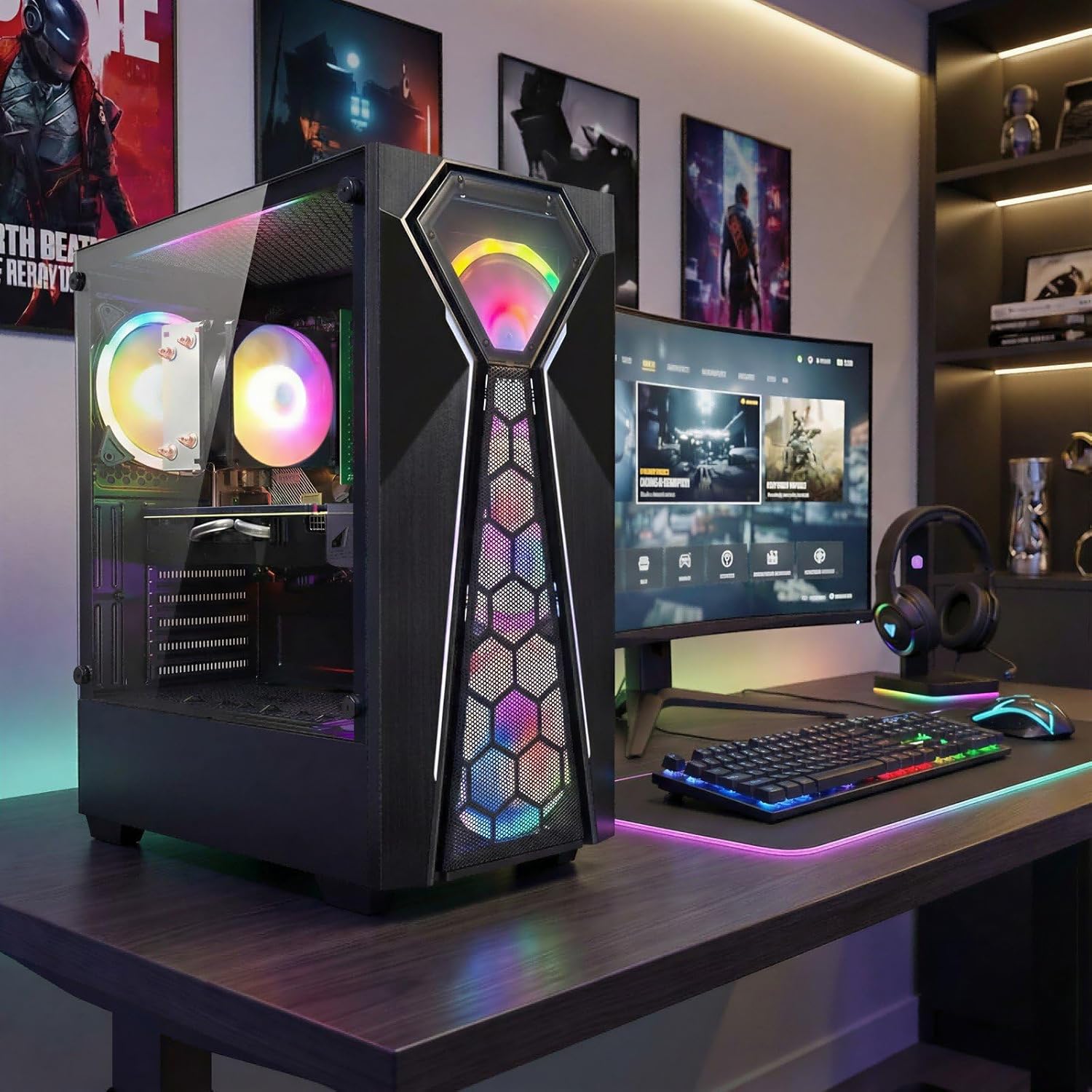 STGAubron Gaming PC Desktop Computer  AMD Ryzen 3 3200G 3.6 GHz  Radeon RX 580 8G  16G RAM  512G SSD  WiFi 6  BT 5.0  RGB Fan x 4  Windows 11 Home