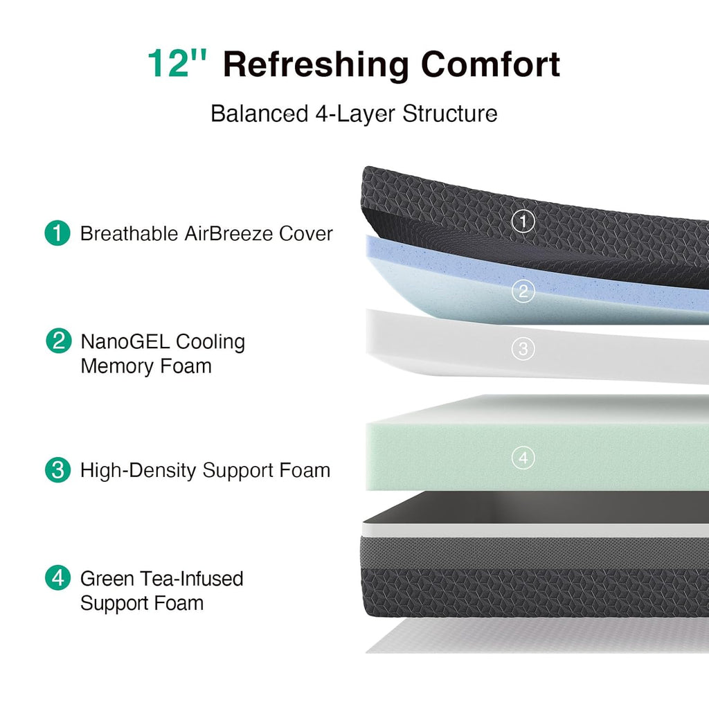 Novilla Queen Mattress 12 Inch, Queen Gel Memory Foam Mattress for Spinal Alignment, Responsive Support & Refreshing Sleep Comfort, with Green Tea-Infused Foam, Medium Firm, Mattresses in a Box