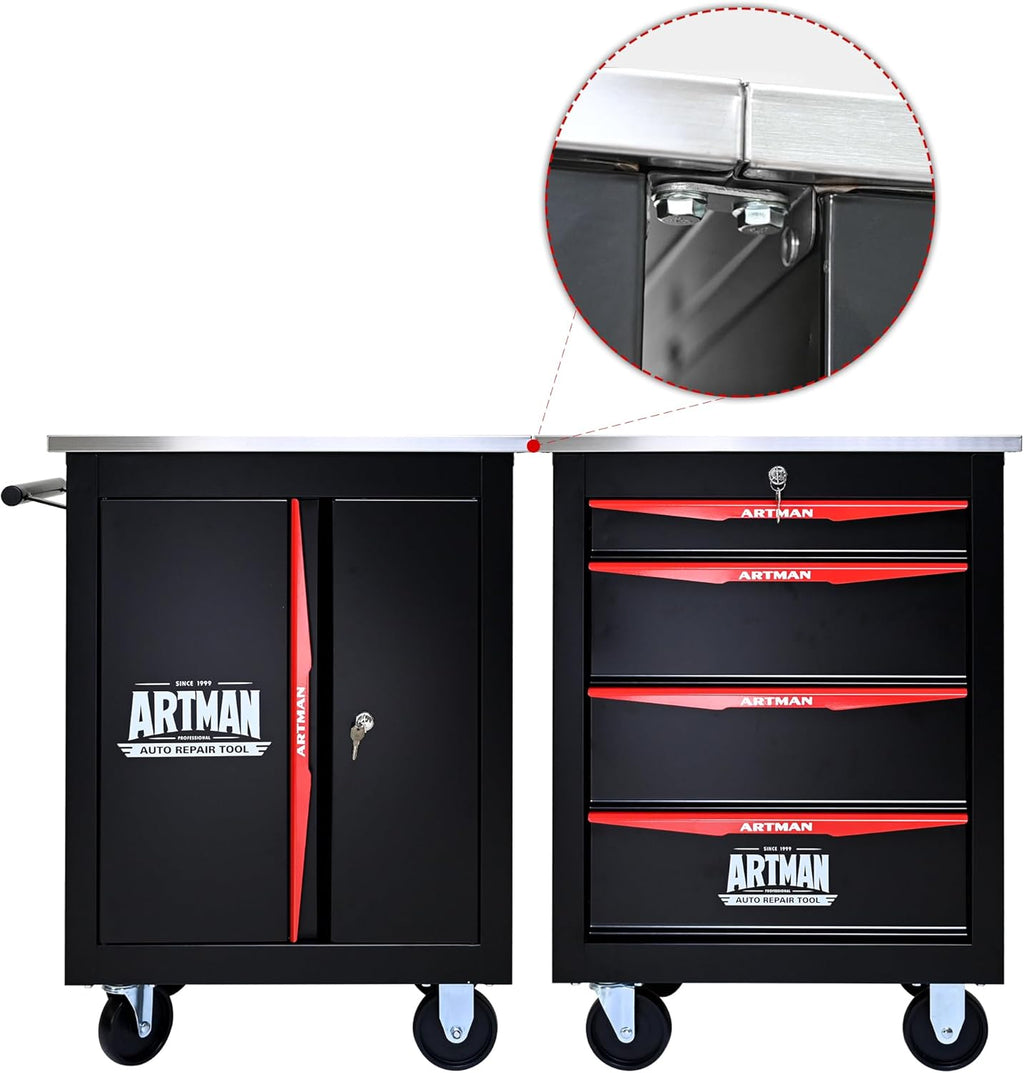 Artman Double Door Rolling Tool Chest, Black & Red Modular Tool Box with Wheels, Heavy-Duty Rolling Tool Cabinet for Garage & Workshop Storage