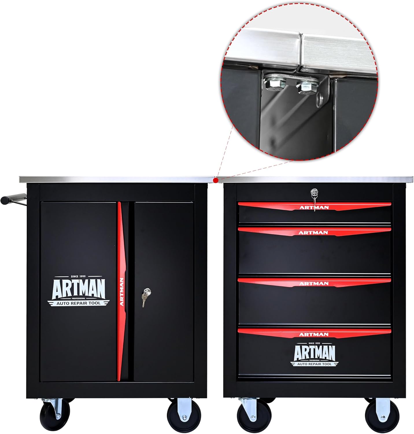 Artman Double Door Rolling Tool Chest, Black & Red Modular Tool Box with Wheels, Heavy-Duty Rolling Tool Cabinet for Garage & Workshop Storage
