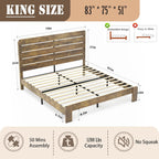 Wooden King Size Bed Frame with Headboard, Rustic Farmhouse Platform Bedframe with Wood Slat Support, Sturdy and No Noise, Easy Assembly (Light Brown/Linear Headboard, King)