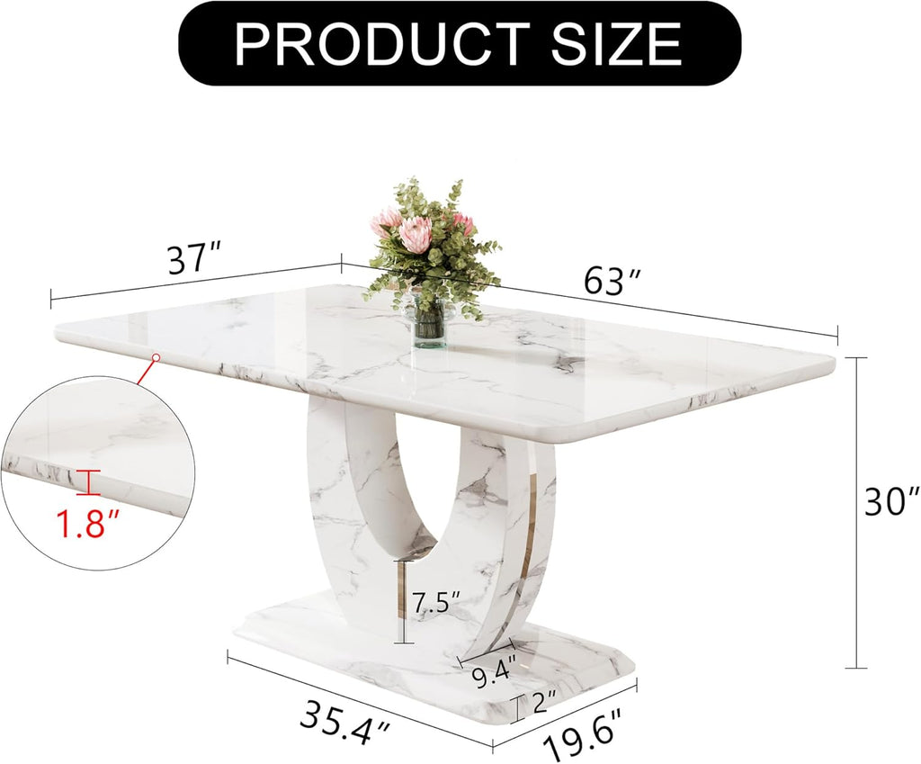 JUFU 63" Faux Marble Dining Table for 6, Modern Rectangular Kitchen & Dining Room Table, White Marble-Look MDF Top with U-Shaped Pedestal Base, Easy to Assemble