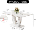 JUFU 63" Faux Marble Dining Table for 6, Modern Rectangular Kitchen & Dining Room Table, White Marble-Look MDF Top with U-Shaped Pedestal Base, Easy to Assemble