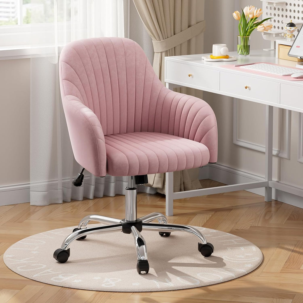 Warmiehomy Office Chair, Velvet Desk Chair for Home Office, Cozy Vanity Chair, Girl Cute Makeup Chair with Arm Rest for Bedroom Dressing Room (Blush Pink)
