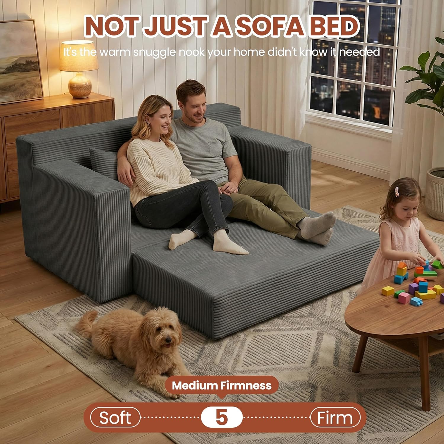 5 in 1 Convertible Sofa Bed,Small Boneless Couch Pull Out Loveseat Sleeper Sofa,Corduroy Futon Couch Folding Mattress with 4 Pillows for Living Room Bedroom Lounge (No Assembly)