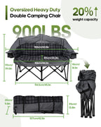 Double Camping Chair Padded Loveseat Camping Couch, Oversized 2 Person Camp Chairs with 2 in 1 Carry Bag, Heavy Duty Folding Lawn Chair Sofa with Cup Holders for Adults Patio Backyard Beach, Gray