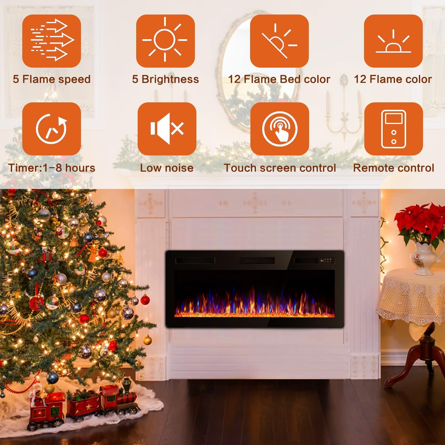 Vitesse 72 Inch Ultra Thin Electric Fireplace-Narrow Bezel Linear Fireplace Heater Recessed Wall Mounted, Remote and Screen Control, 8H Sleep Timer, Low Noise, 750/1500W for Living Room, Bedroom