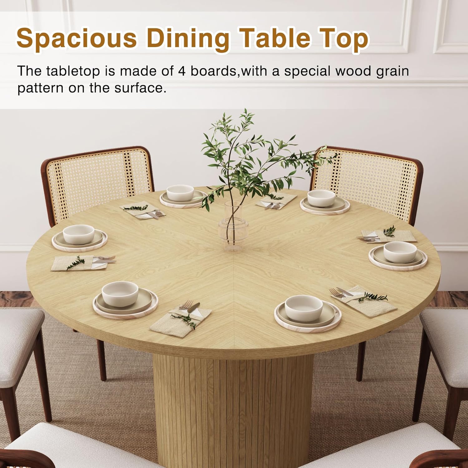 47 Inch Round Dining Table, Farmhouse Fluted Dining Kitchen Table, Modern Wood Small Circle Dining Table for Kitchen Living Room, Natural