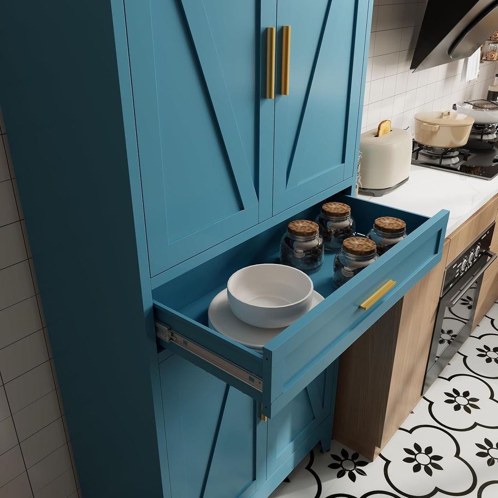71 "Farmhouse Metal Filing Cabinet with a Drawer and 4 Adjustable Shelves, with 4 Large barn Door Blue Kitchen Cabinets, Metal Food Cabinets for Home, Kitchen, Dining/Living Room (Peacock Blue)