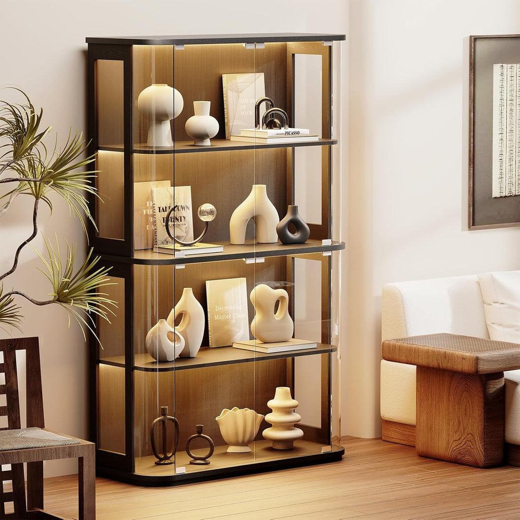 Large Rounded Display Cabinet with Glass Door, 4-Tier Curio Cabinet with 3 Color Lights for Collectibles, Glass Display Case with Transparent Full-Display Surface, Human Body Sensor, Black