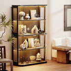Large Rounded Display Cabinet with Glass Door, 4-Tier Curio Cabinet with 3 Color Lights for Collectibles, Glass Display Case with Transparent Full-Display Surface, Human Body Sensor, Black