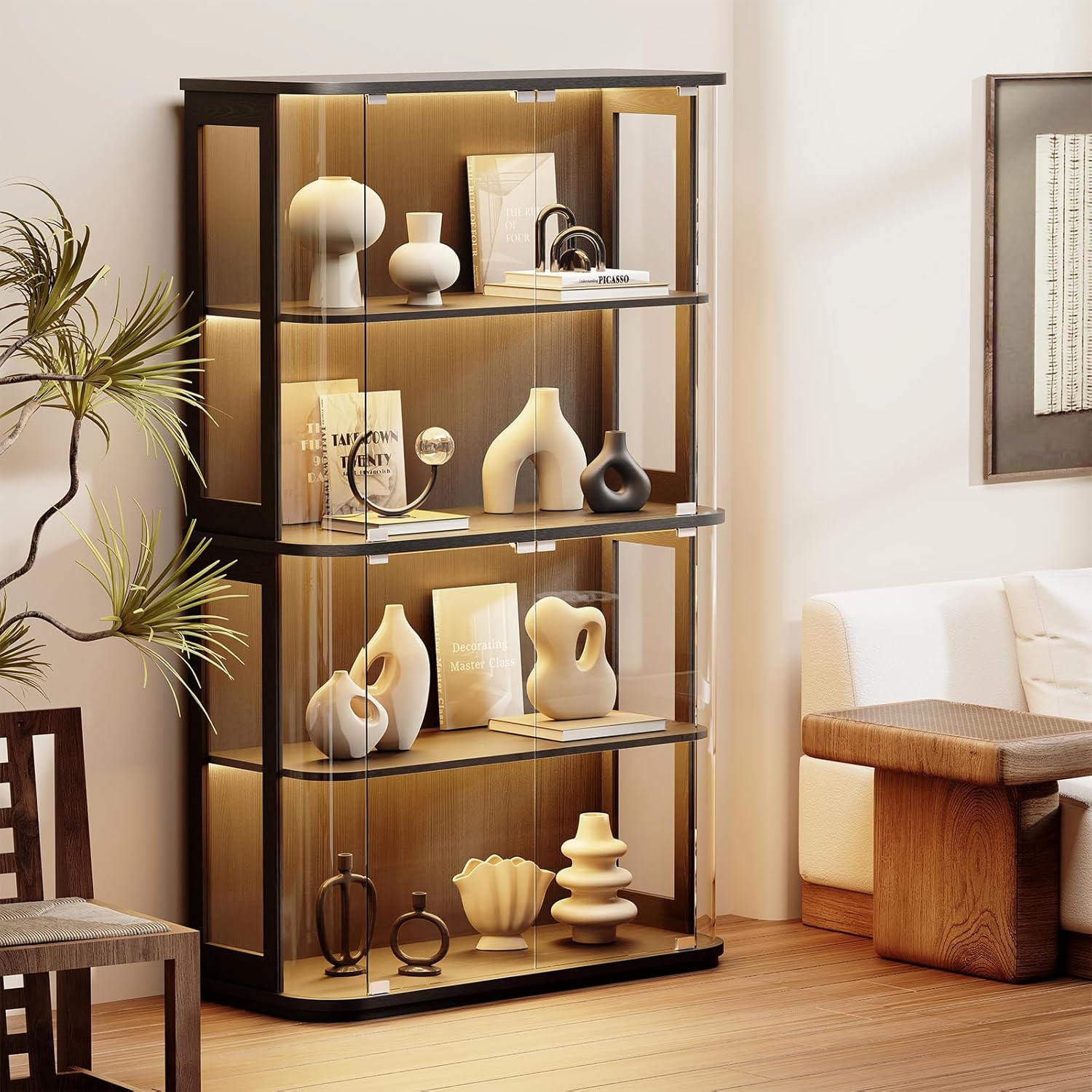 Large Rounded Display Cabinet with Glass Door, 4-Tier Curio Cabinet with 3 Color Lights for Collectibles, Glass Display Case with Transparent Full-Display Surface, Human Body Sensor, Black