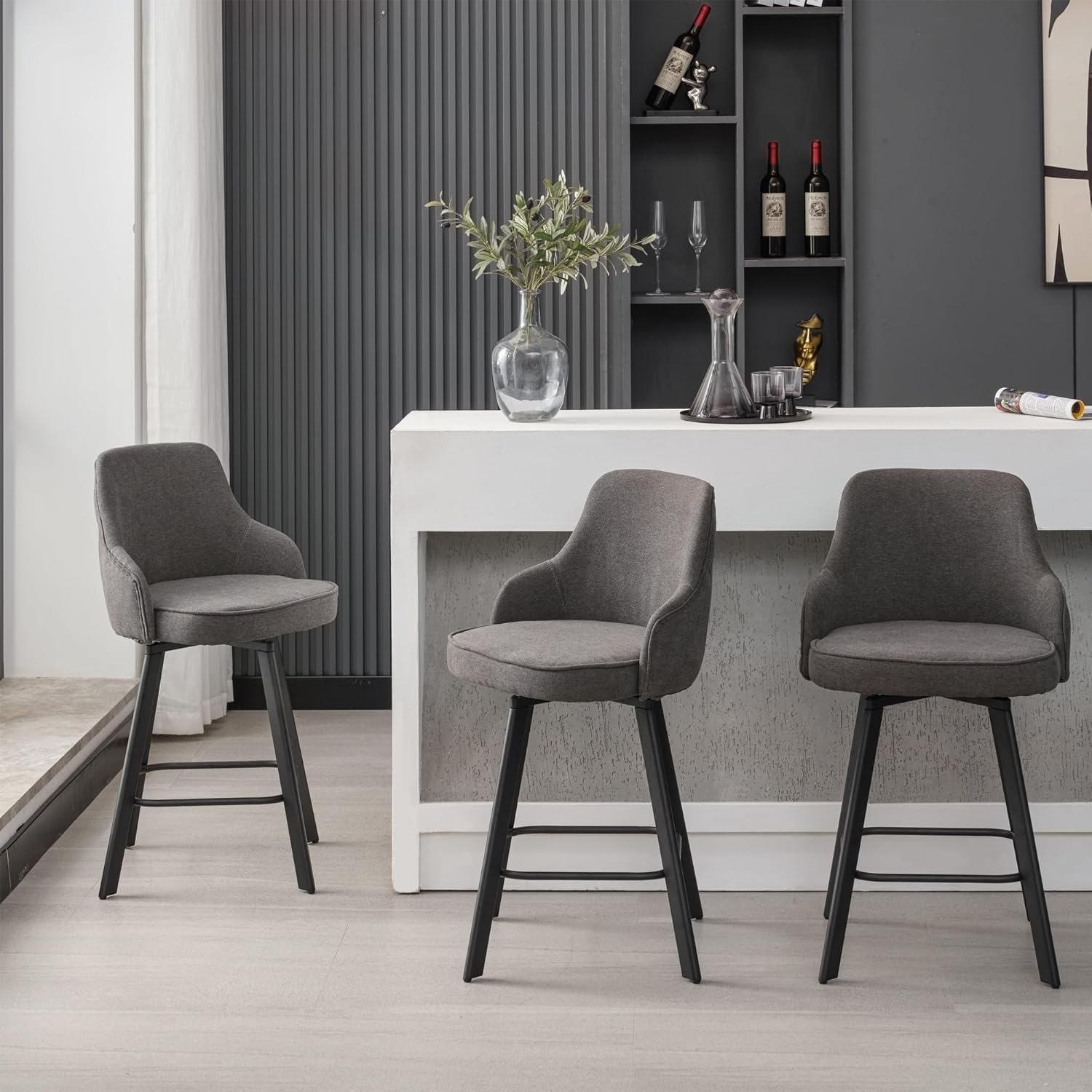 Bar Stools Set of 3, 26" Swivel Counter Height Bar Stools with High Back, Linen Kitchen Barstools Counter Height for Kitchen Island (Dark Grey, 3PCS 26" Counter Stools)
