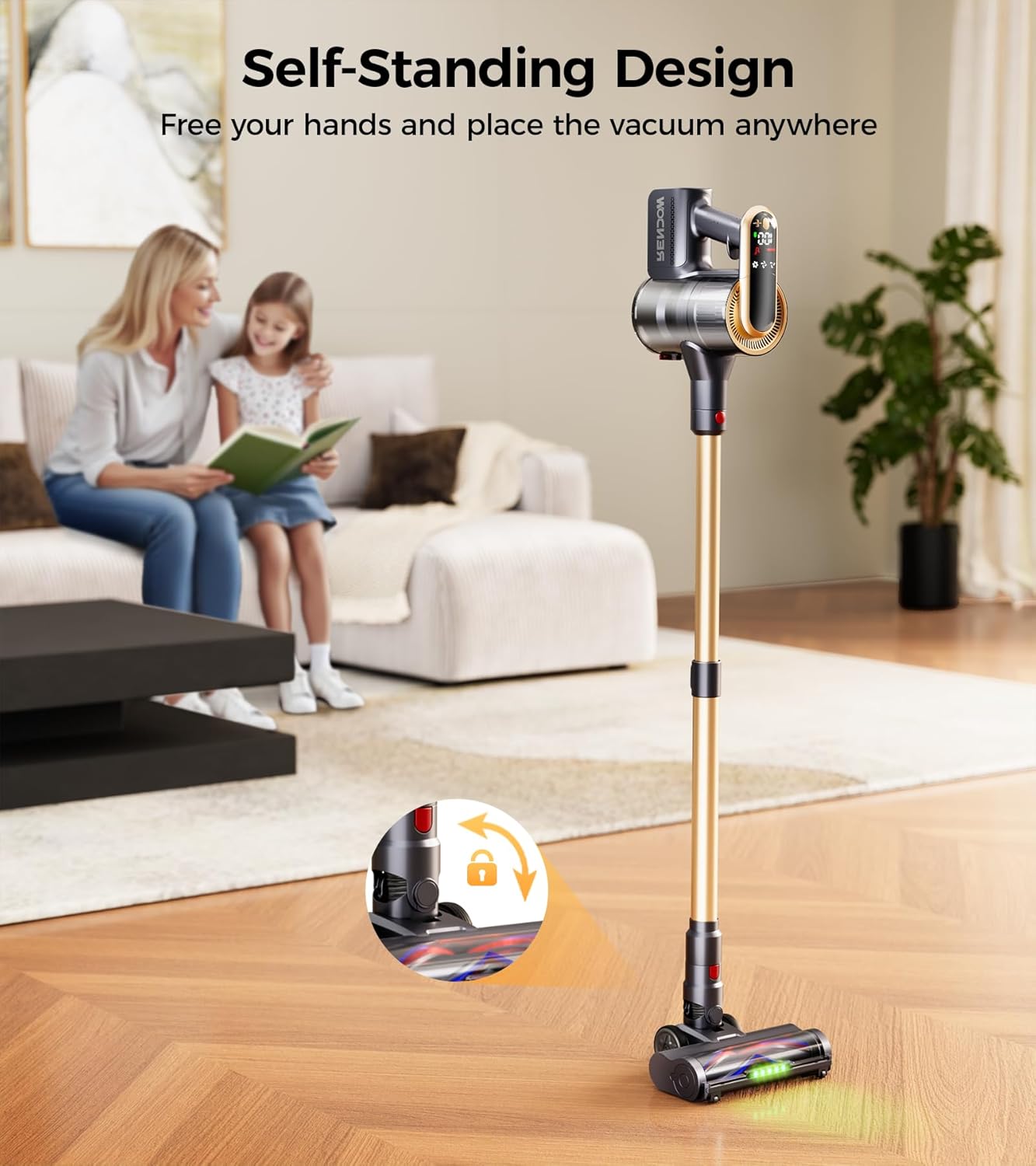 RENDOW Cordless Vacuum Cleaner, 550W 45Kpa 65Mins Vacuum Cleaners for Home, Self-Standing Cordless Stick Vacuum with LED Display,Anti-Tangle Rechargeable Wireless Vacuum for Pet Hair/Carpet/Hard Floor