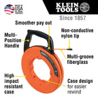 Klein Tools 56383 Non-Conductive Electrical Fish Tape, Multi-Groove Fiberglass Wire Puller, Nylon Tip, Optimized Housing and Handle, 100-Foot
