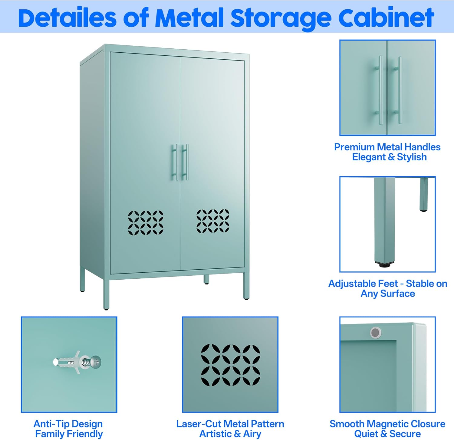 Metal Storage Cabinet with Adjustable Shelves,Metal Buffet Sideboard with 2 Doors for Kitchen,Home,Office, 42" H x 26" W x 14" D,Assembly Required,Blue