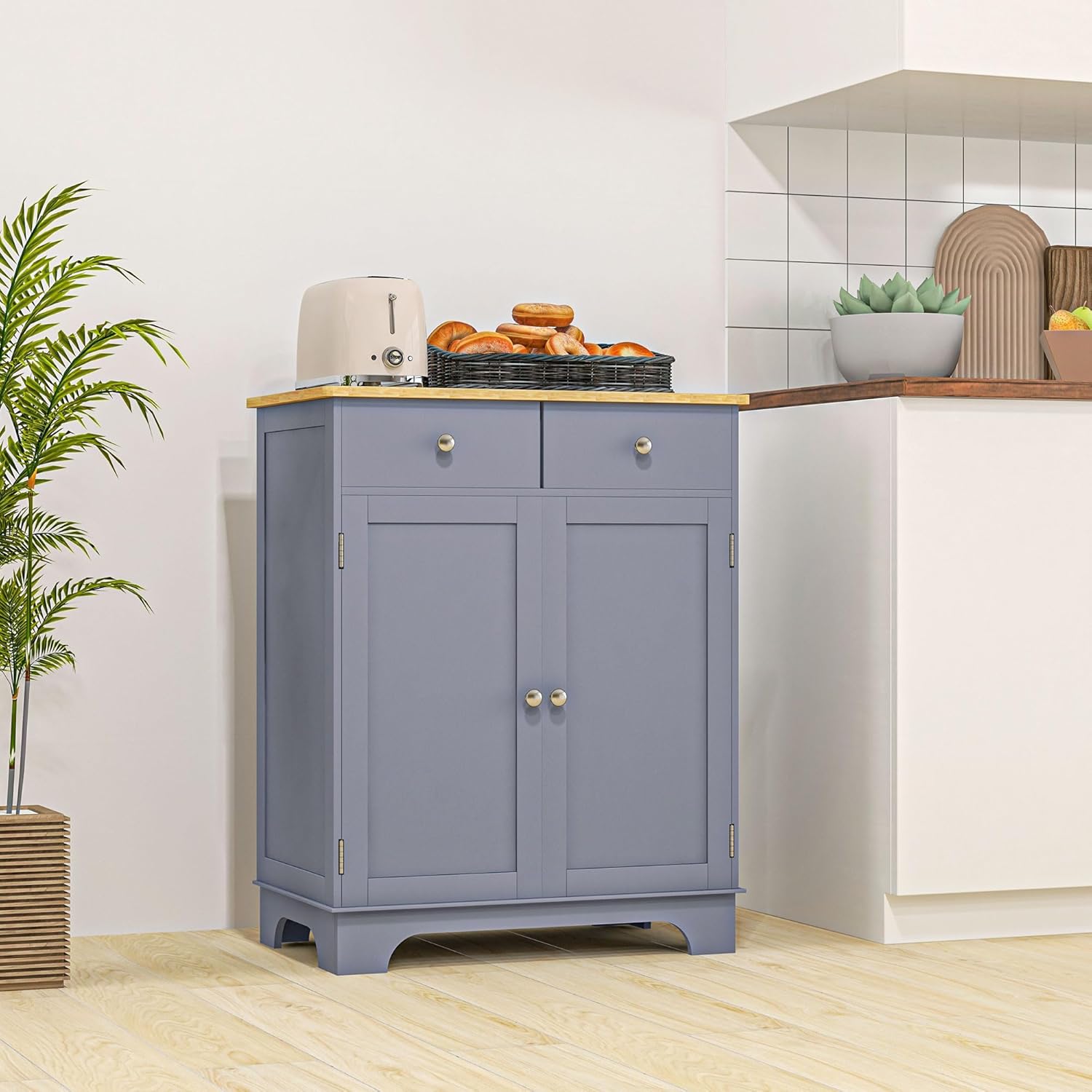 HOMCOM Sideboard Buffet Cabinet with Solid Wood Countertop, Modern Kitchen Storage Cabinet, Coffee Bar Cabinet with 2 Drawers, Doors and Adjustable Shelf, Gray