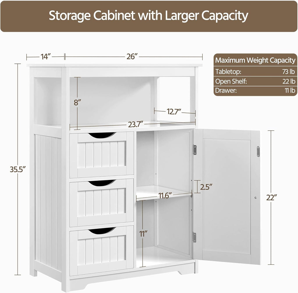 Yaheetech Bathroom Storage Cabinet Bathroom Floor Cabinet Freestanding Storage and Organizer with Door, 3 Drawers, Adjustable Shelf, 35.5 Inches Height, White