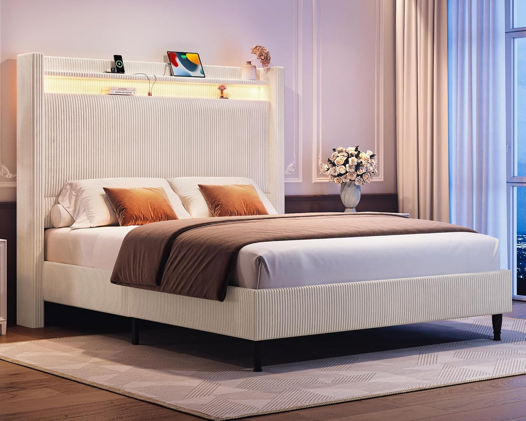 Queen Bed Frame with Tall Headboard, 55.3" Upholstered Platform Queen Size Bed Frame, Elegant Corduroy Wingback Bed with LED Lights & Charging Station, No Box Spring Needed, Solid Wood Slats, Cream